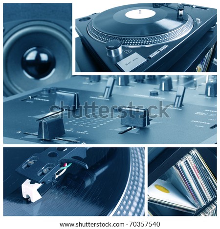 Dj equipment collage. Turntable, records and mixer parts