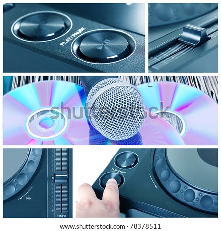 Dj tools collage with parts of cd player, microphone  and mixer