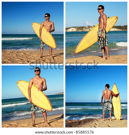 Collage with surfer holding surf board on caribbean beach, Dominican Republic