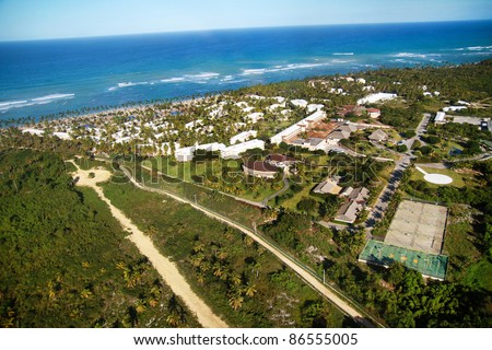 Luxury resort on caribbean beach from helicopter view, Dominican Republic