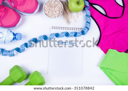 Workout plan with fitness food and equipment on white, top view