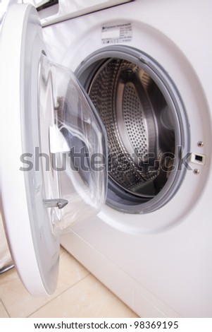 Door of white wash machine, close up