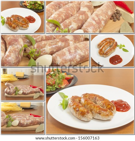 collage home sausage in Ukrainian cooking process