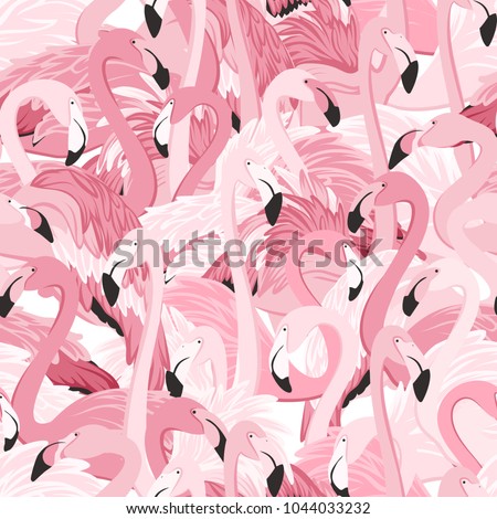 Pink flamingos seamless pattern. Random overlap exotic wading birds flock flamboyance. Detailed beaks, necks, feather, body. Standing posture. Zoo bird park. Vector design illustration.