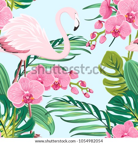 Bright orchid phalaenopsis flowers, exotic pink flamingo bird, tropical rainforest jungle tree palm mostera green leaves. Seamless pattern on light blue background. Vector design illustration.