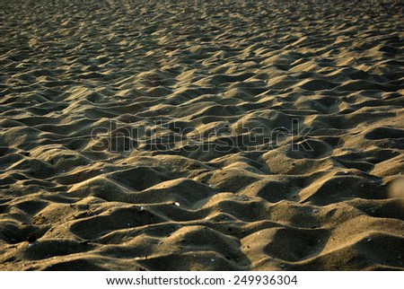 Sandy beach with foot tracks and hard shadows at sunny summer afternoon.