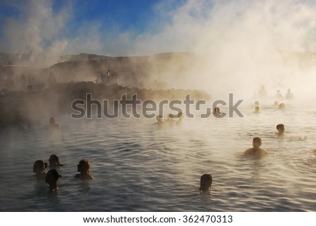 Blue lagoon with people in Iceland