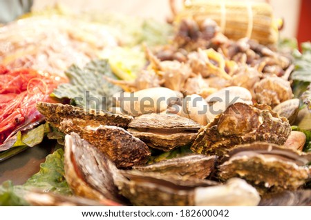 Fresh seafood plate with oysters, prawns and lobsters