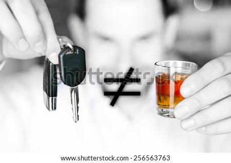 Alcoholic drink and car keys in hands with inequality opposition symbol - do not drink and drive concept