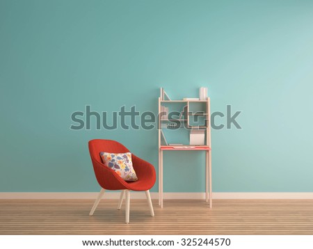 green mint wall on wood floor with working table & red armchair-interior