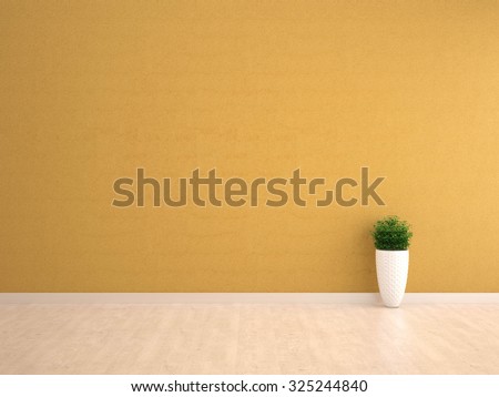 yellow wall interior with plant vase on wood floor