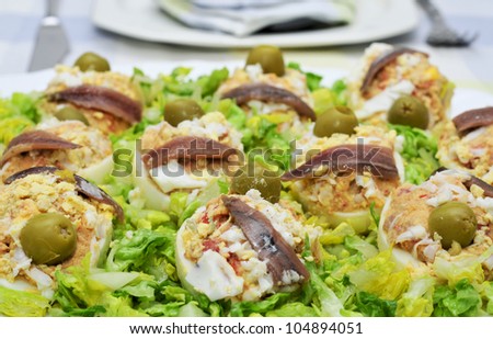 closeup of a plate with stuffed eggs