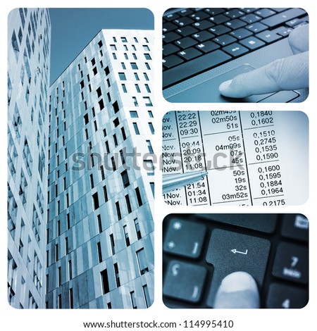 a collage of four pictures of different business items, such as office buildings, a laptop or account reports