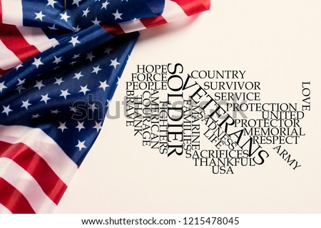 some american flags and a tag cloud, in the shape of the map of the United States, with words to honor the military veterans and their service to the nation