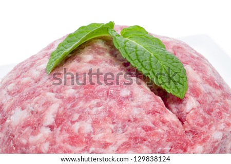 closeup of a pile of ground meat on a white background