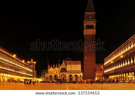VENICE, ITALY - APRIL 12: Ambience in Piazza San Marco at night on April 12, 2013 in Venice, Italy. Piazza San Marco is the main landmark in the city, which receives 18 million tourists per year