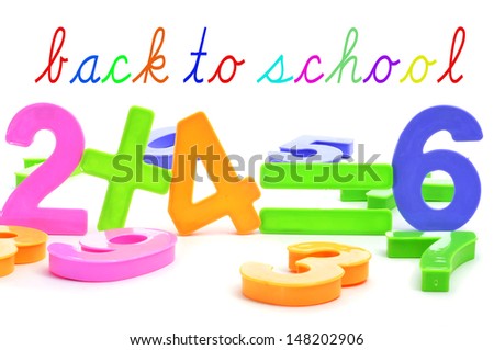 sentence back to school and the equation two plus four are six with numbers of different colors