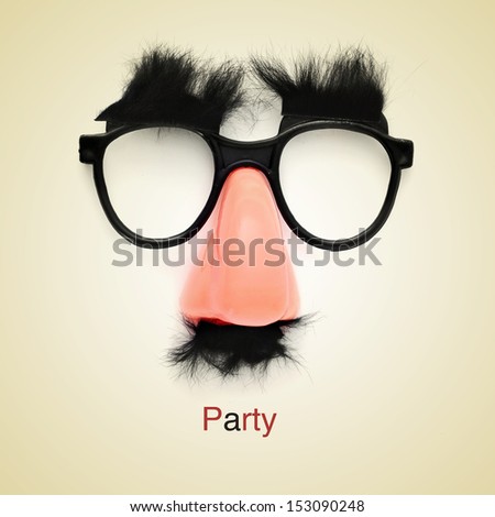 picture of fake glasses nose and mustache and the word party on a beige background with a retro effect picture of fake glasses nose and mustache and the word party on a beige background with a retro effect