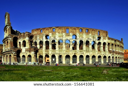 ROME, ITALY - APRIL 17: The Flavian Amphitheatre or Coliseum on April 17, 2013 in Rome, Italy. The Coliseum is an iconic symbol of Rome and one of the most popular tourist attractions in the city