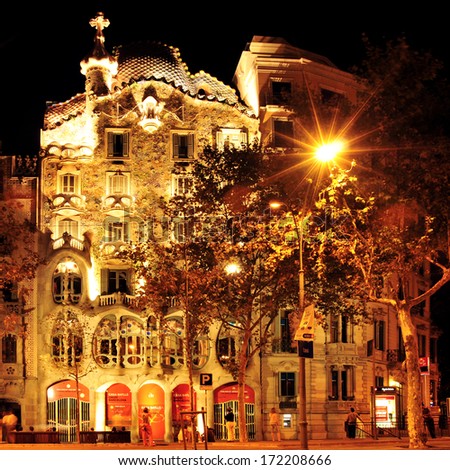 BARCELONA, SPAIN - SEPTEMBER 10: Casa Battlo at night on September 10, 2012 in Barcelona, Spain. The famous building was designed by Antoni Gaudi