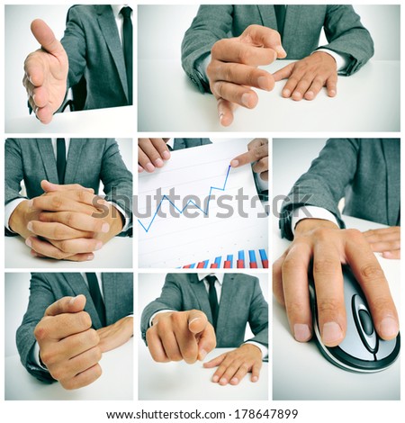 a collage of different pictures of a businessman working in his office and showing a graphic of benefits