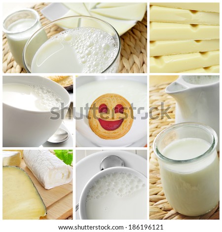 a collage of different pictures of different dairy products, such as milk, yogurt or cheese