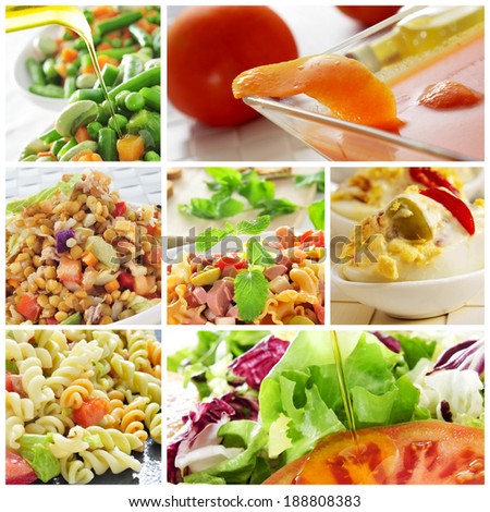 a collage of different salads, such as pasta salad or lentil salad, and eggs mimosa and gazpacho