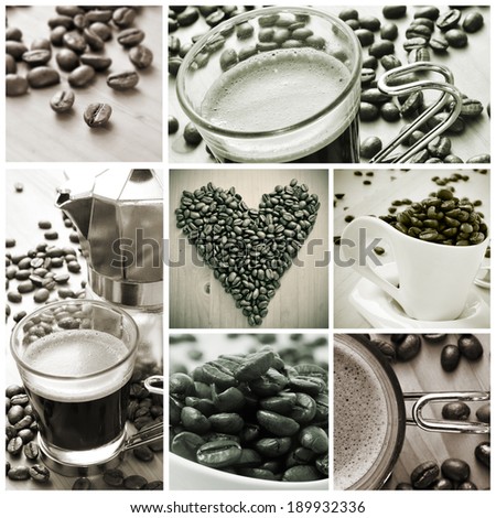 a collage of different pictures in black and white of cups of coffee and toasted coffee beans