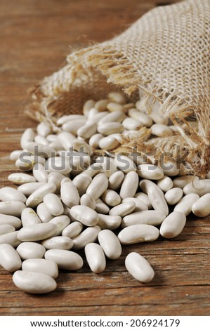 a pile of dried white beans on a rustic wooden table