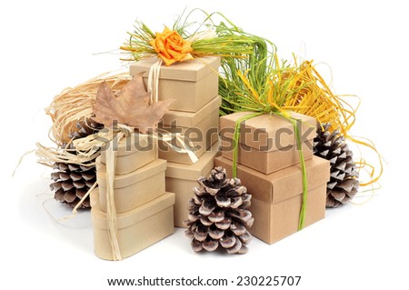 some gift boxes tied with natural raffia of different colors and surronded by natural ornaments such as pinecones on a white background