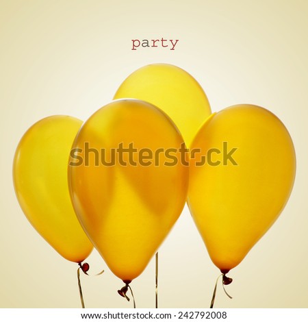 the word party and a bunch of inflated golden balloons tied in strings on a beige background, with a retro effect