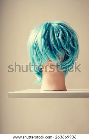 a blue wig in a mannequin head on a white shelf mounted on the wall