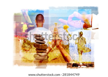 multiple exposures of a young yogi man in different yoga positions outdoors and a stack of balanced stones or a tibetan singing bowl