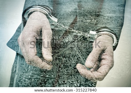 double exposure of a handcuffed man and a tract housing development and a developing land, symbolizing the crime of property speculation