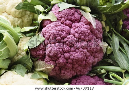 a pile of purple cauliflower in a vegetables market