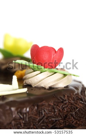 closeup of a chocolate pie isolated on a white background
