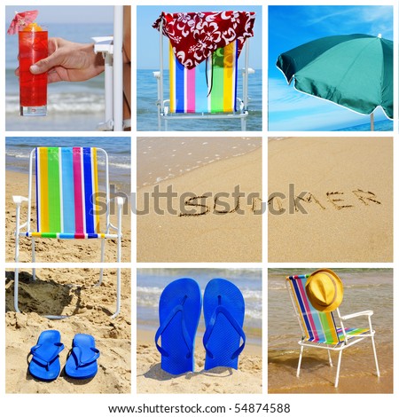 a collage of nine pictures of many beach items and scenes