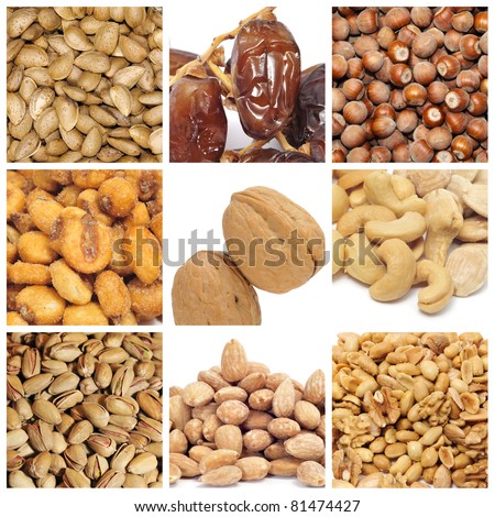 a collage of nine pictures of different nuts