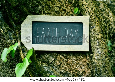 closeup of a label-shaped chalkboard with the text earth day in the trunk of a tree