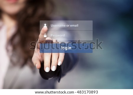 Woman using login interface on touch screen. Touching login box, user name and password inputs on virtual digital display.