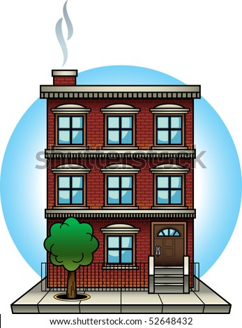 Cartoon-Style Vector Illustration Of A Brick Apartment Building. This