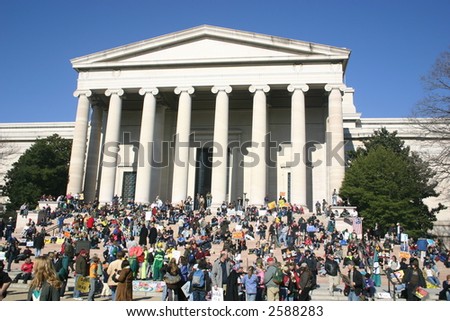 Crowd on steps of Smithsonian Art Museum at anti war rally on the National Mall, Washington, DC, Saturday, January 27, 2007.