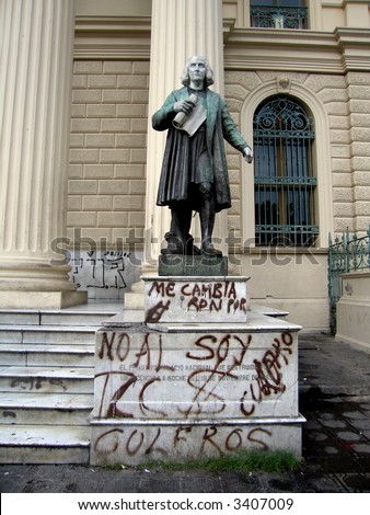 Christopher Columbus statue in El Salvador, with graffiti. (In front of national palace / museum)