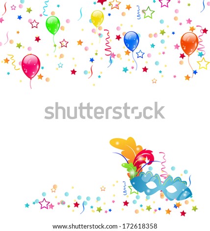 Illustration carnival background with mask, confetti, balloons  - vector
