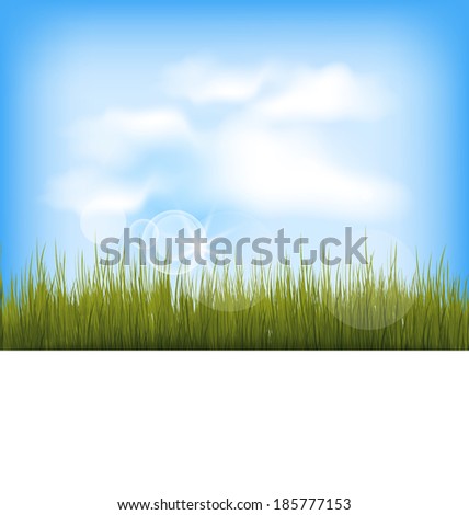 Illustration summer background with green grass, blue sky, clouds - vector