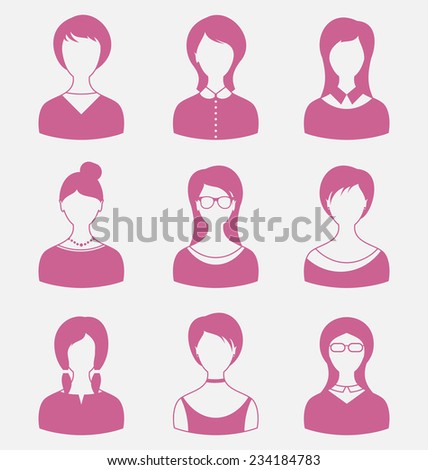Illustration avatars set front portrait of females isolated on white background - vector