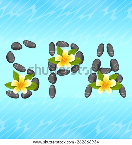 Illustration lettering spa made Ã¢??Ã¢??of pebbles and frangipani flowers (plumeria), zen spa natural background - vector