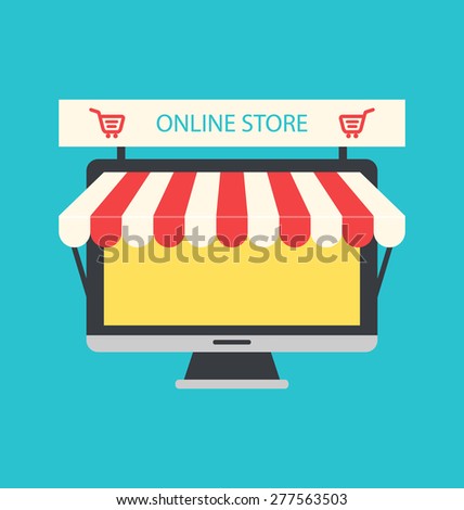 Illustration Flat Icon of Computer PC as Showcase of Shop, Concept of Online Shop, E-commerce, Colorful Simple Icon - Vector