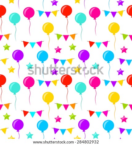 Illustration Seamless Texture with Bunting Party Flags, Balloons, Stars for Your Designs (Birthday Party, Wedding Celebration, Wrapping Paper, Textile, Wallpaper) - Vector