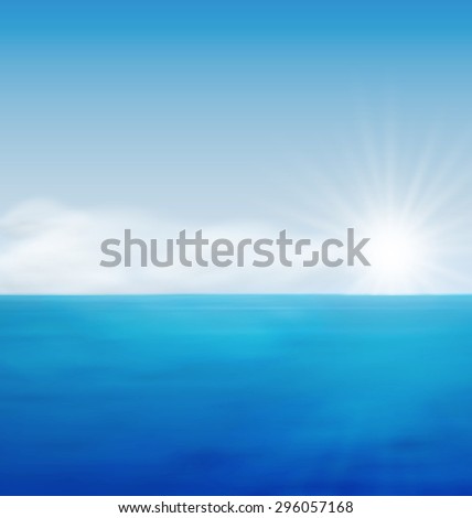 Sea Landscape Background Sunrise, Calm Blue Ocean and Far Clouds on Horizon - vector